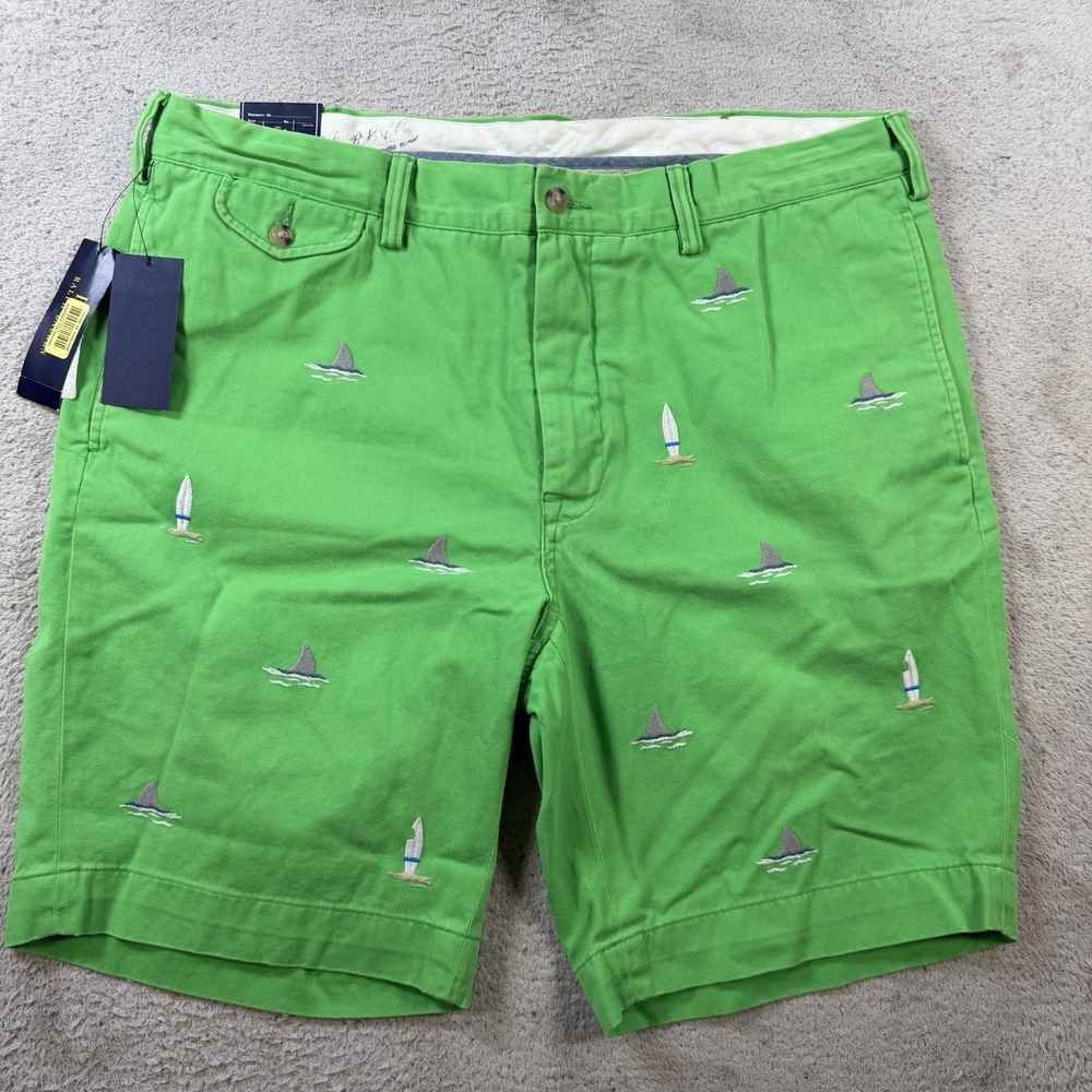Polo Ralph Lauren Shorts Mens 36 Green Embroidered Shark Surf Chino Classic Fit